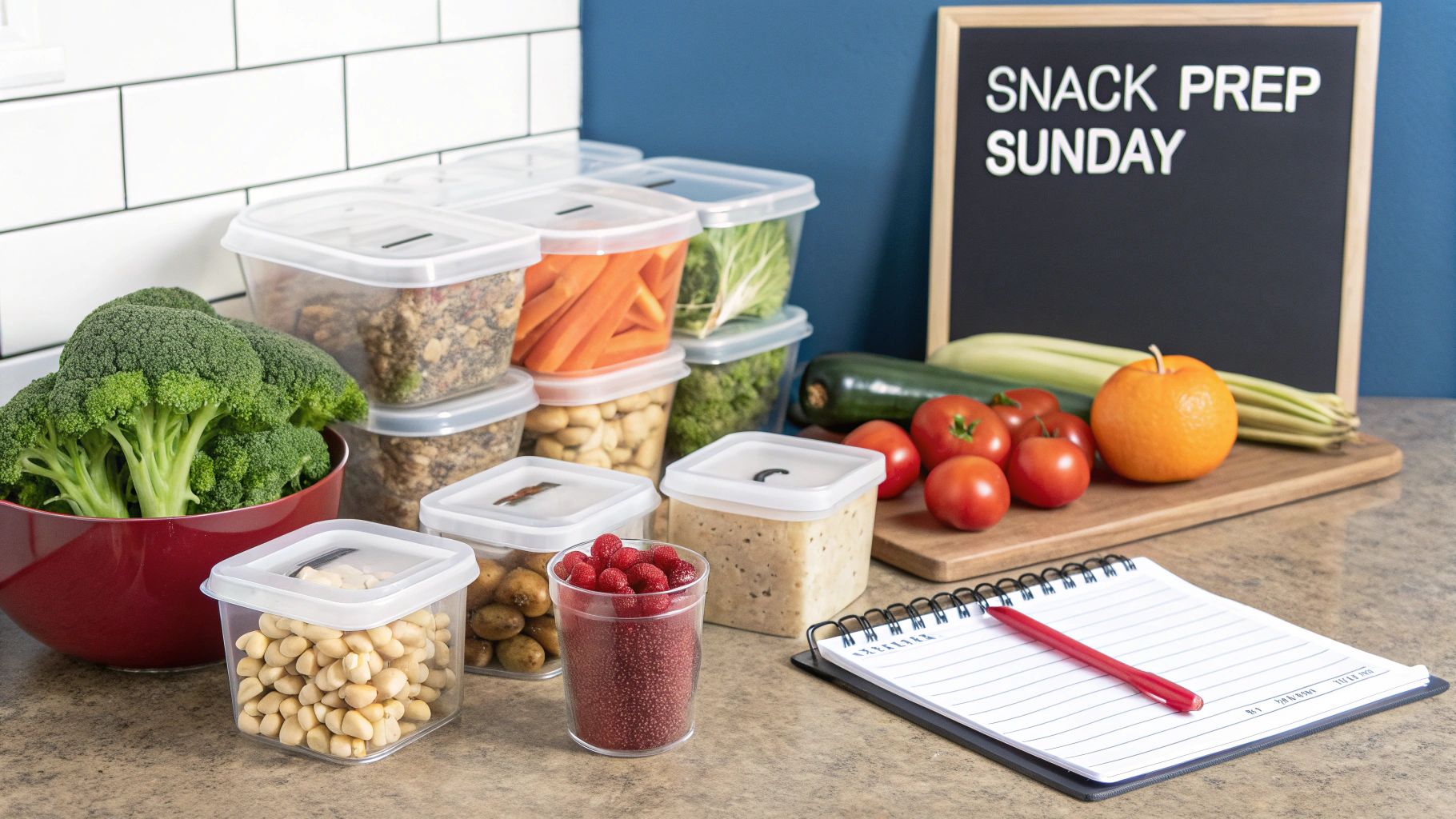 Healthy snack prep layout with fresh vegetables, fruits, and nuts in reusable containers.