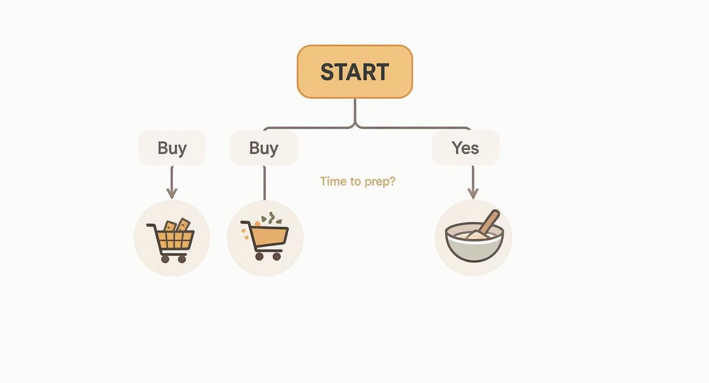 A flowchart with a 'START' node, branching into 'Buy' options (money or prepped food) or 'Yes' for preparing food.