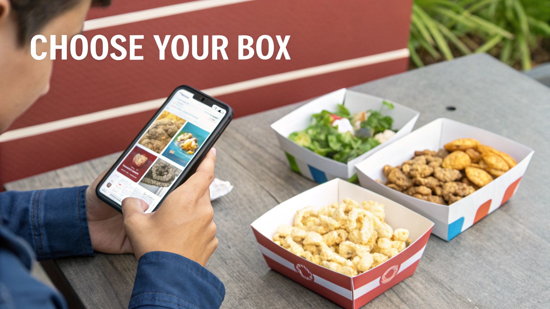 A person's hands are shown selecting snacks from a healthy snack box filled with various options.