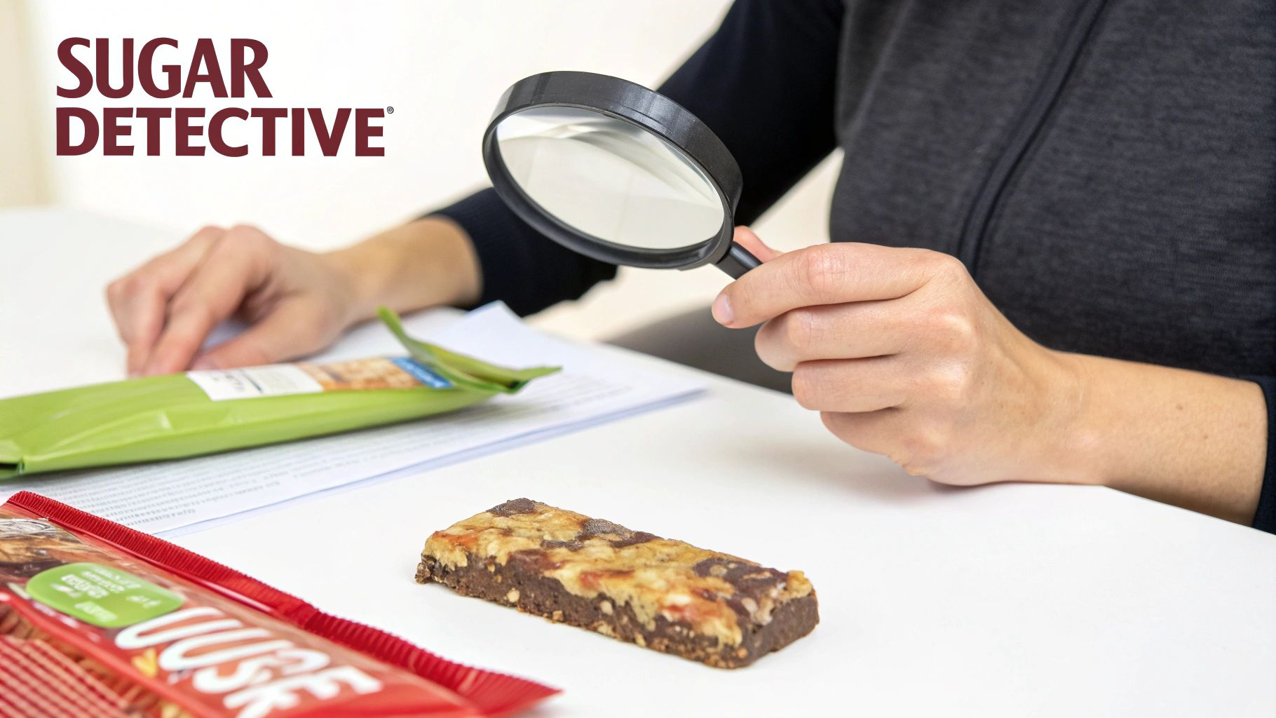 Magnifying glass over a nutrition label focusing on sugar content