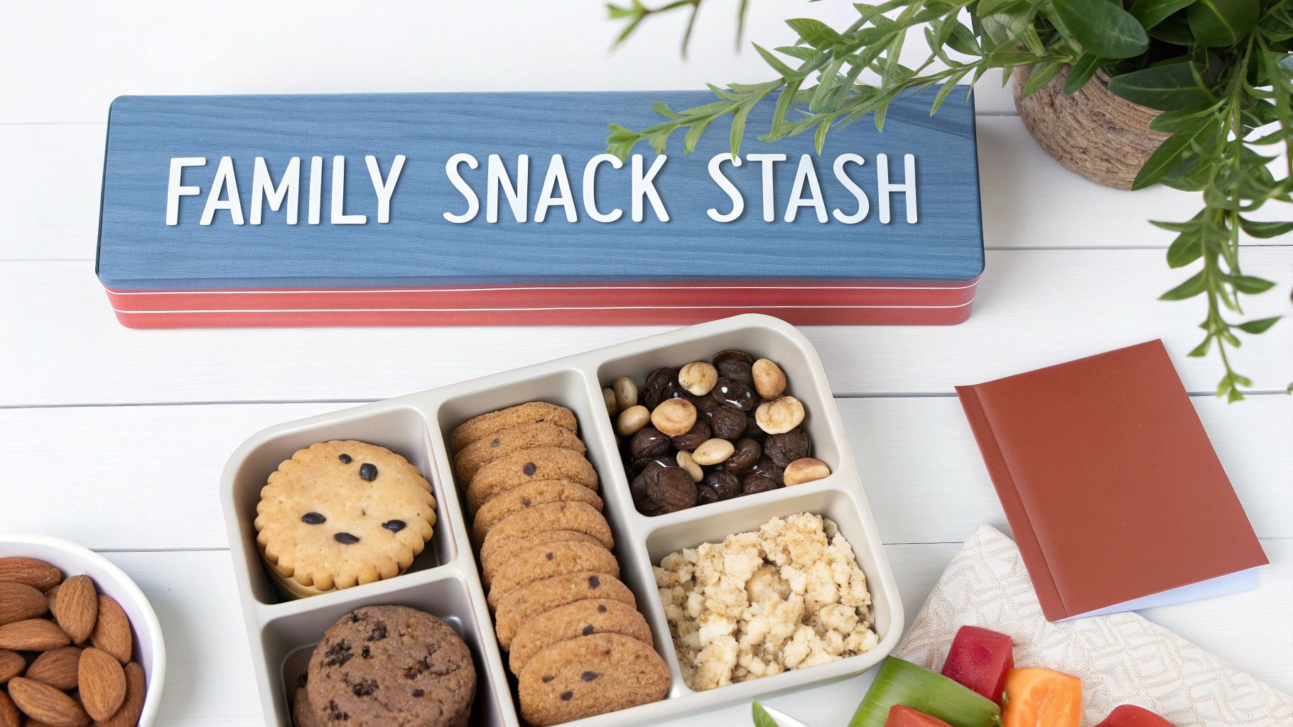 An overhead shot of a 'FAMILY SNACK STASH' box, bento box with cookies, nuts, and a bowl of almonds.