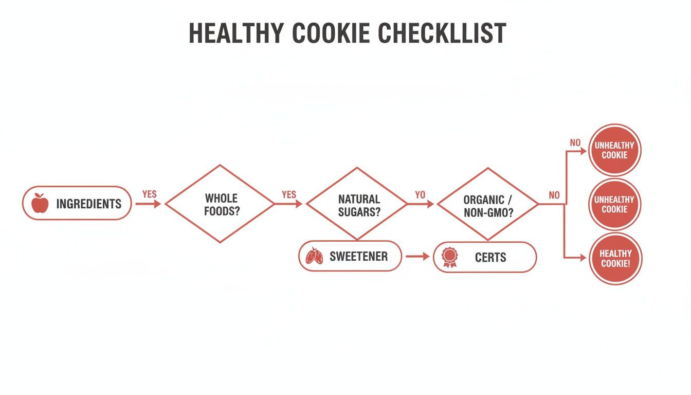 A flowchart for a healthy cookie checklist, evaluating ingredients based on whole foods, natural sugars, and organic/non-GMO status.