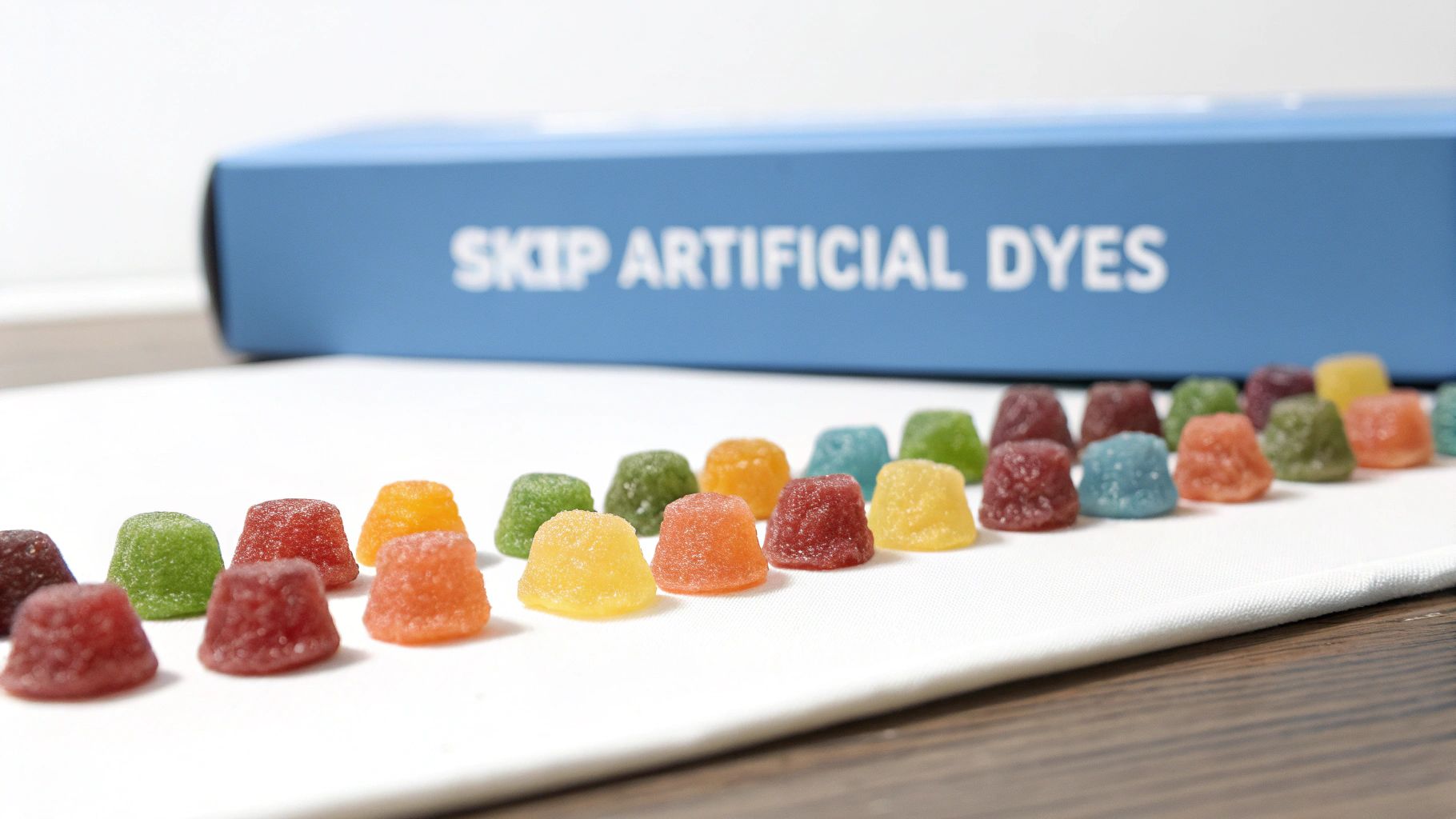 Gummy candies in various natural colors displayed with a blue box saying 'SKIP ARTIFICIAL DYES'.