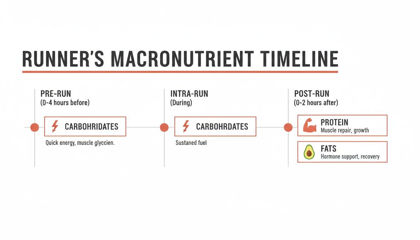 Runner's macronutrient timeline showing carbohydrates for pre-run and intra-run, and protein and fats for post-run.