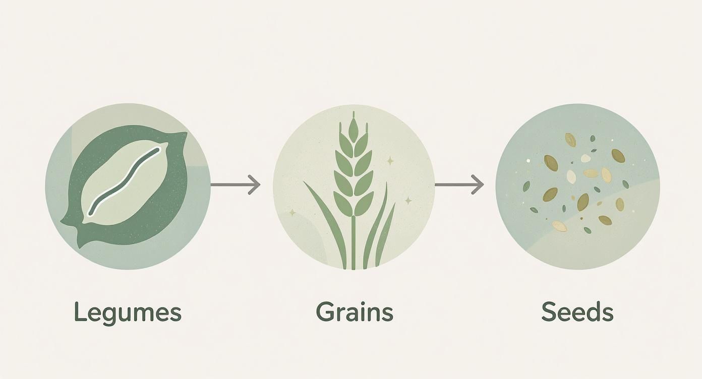 Illustration showing a visual progression from legumes to grains to seeds, representing plant-based food sources.