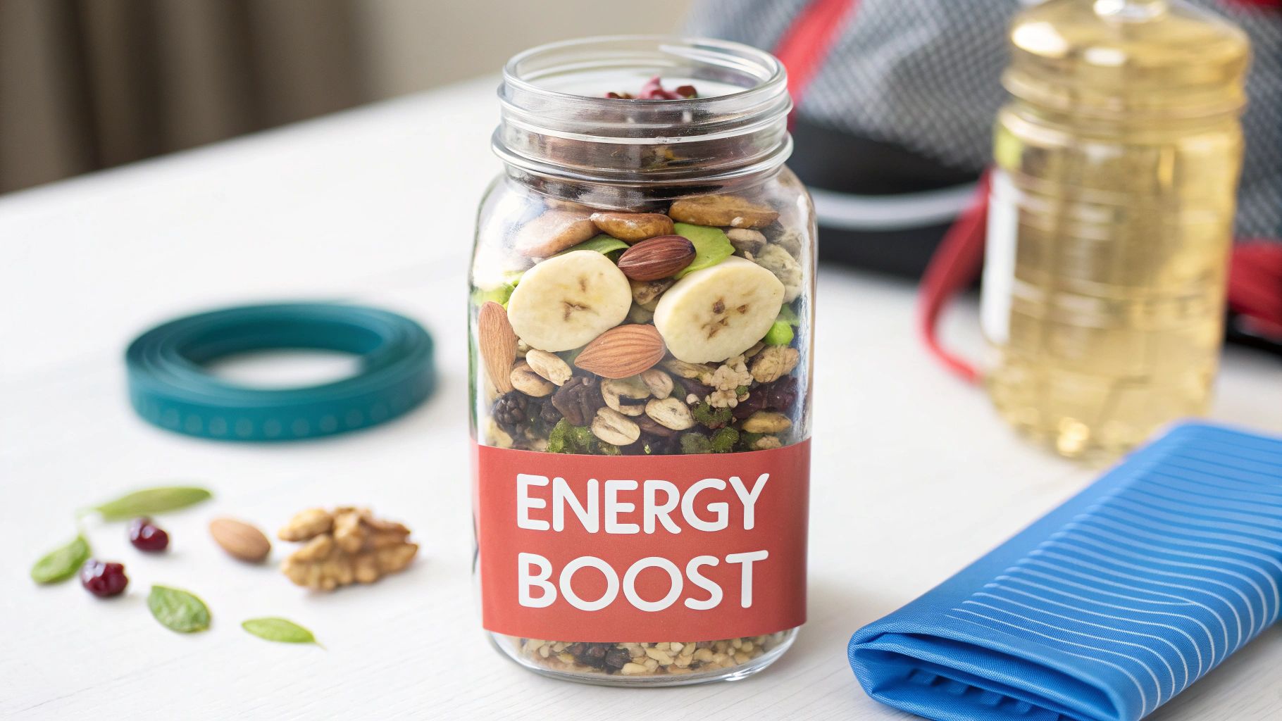 Glass jar labeled energy boost filled with healthy trail mix containing nuts, dried bananas, and seeds for kids