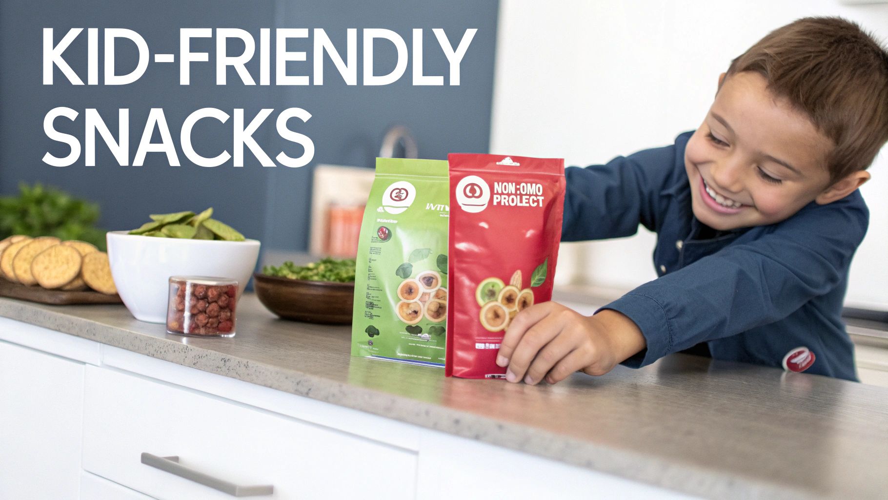 A smiling child reaches for colorful snack bags on a kitchen counter, featuring kid-friendly snacks.