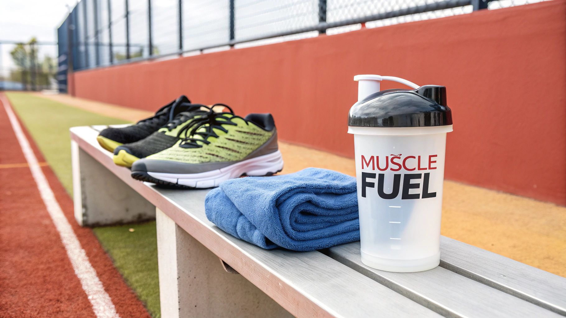 Athletic shoes, a folded blue towel, and a protein shaker bottle on a trackside bench.