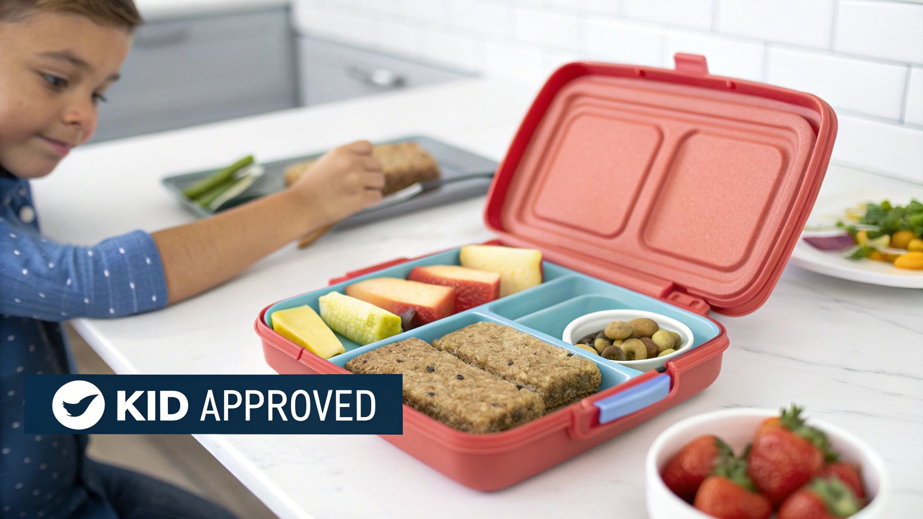 A young boy looks at a 'Kid Approved' bento box filled with protein bars, fruit, and cheese.