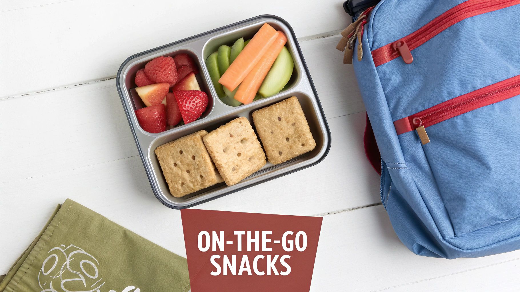 A lunchbox with fresh fruit, carrot sticks, and crackers next to a blue backpack on a white table.