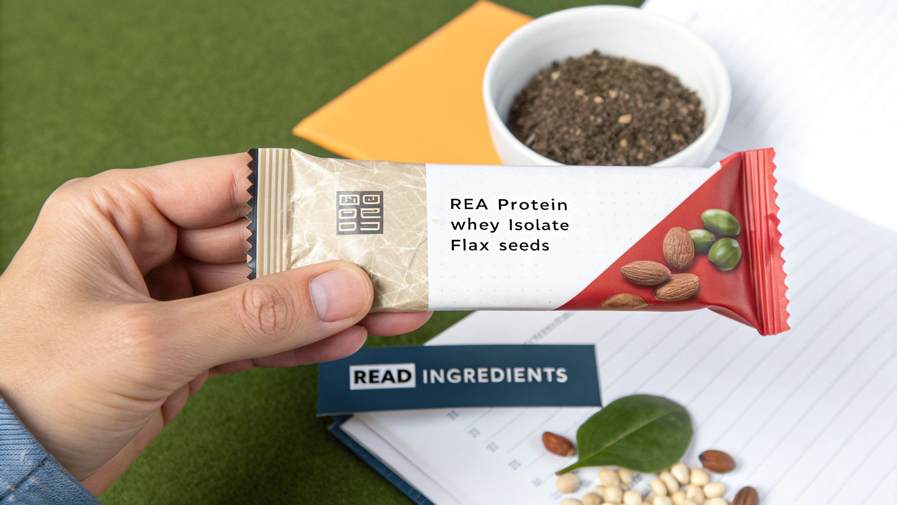 A person closely reading the ingredient label on a snack bar package