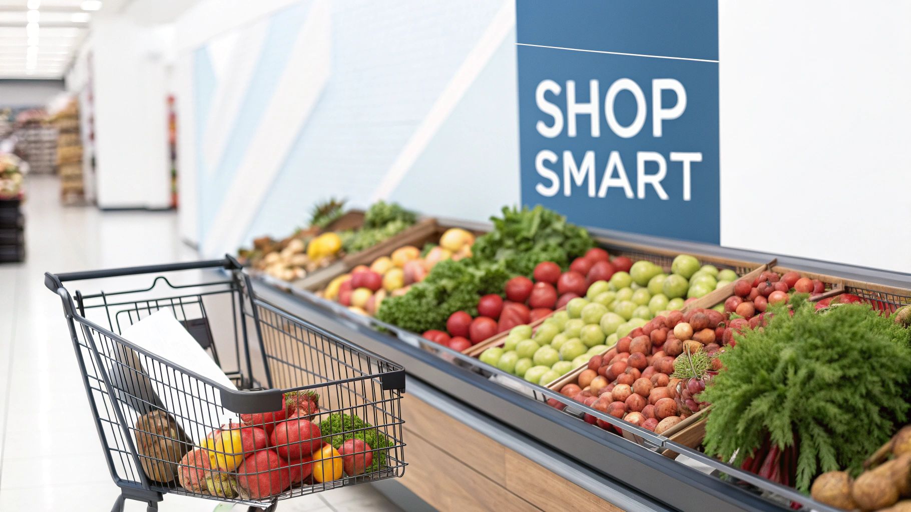 A shopping cart filled with fresh fruits and vegetables in a supermarket produce aisle with a "Shop Smart" sign.