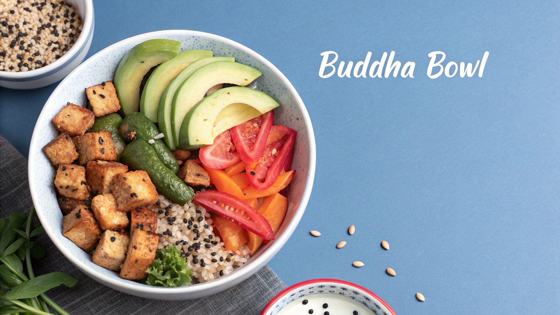 A vibrant Buddha bowl featuring crispy tofu, sliced avocado, fresh vegetables, and rice on a blue background.