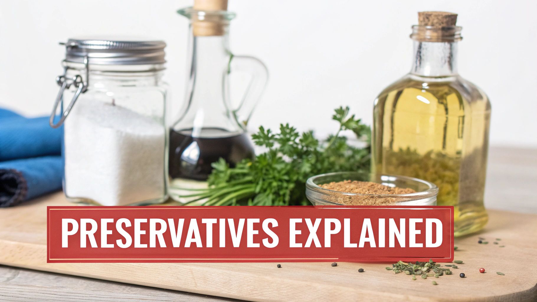 A 'Preservatives Explained' banner on a wooden board with salt, oil, vinegar, herbs, and spices.