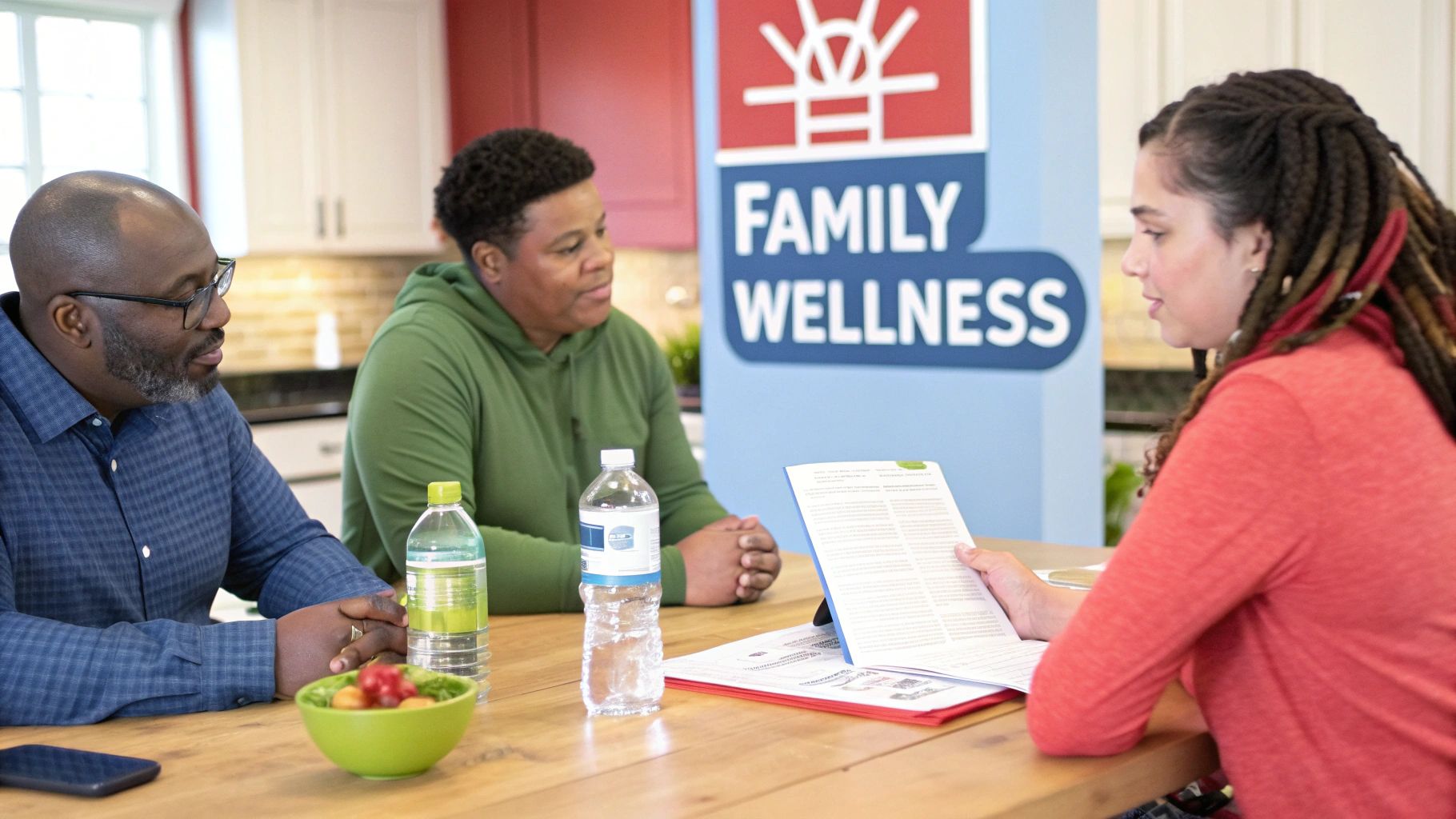 Three people sit at a table discussing documents about family wellness with healthy snacks.