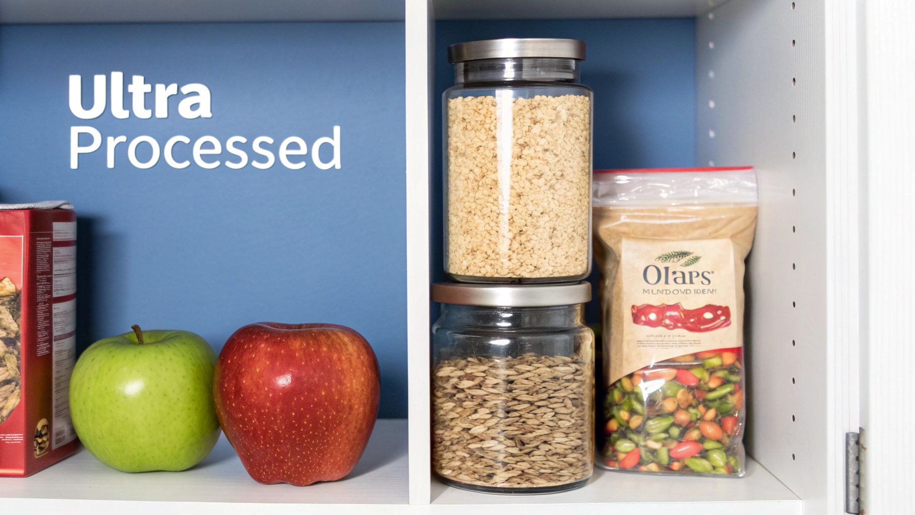 A shelf displaying 'Ultra Processed' food next to fresh apples, grains, and nuts.