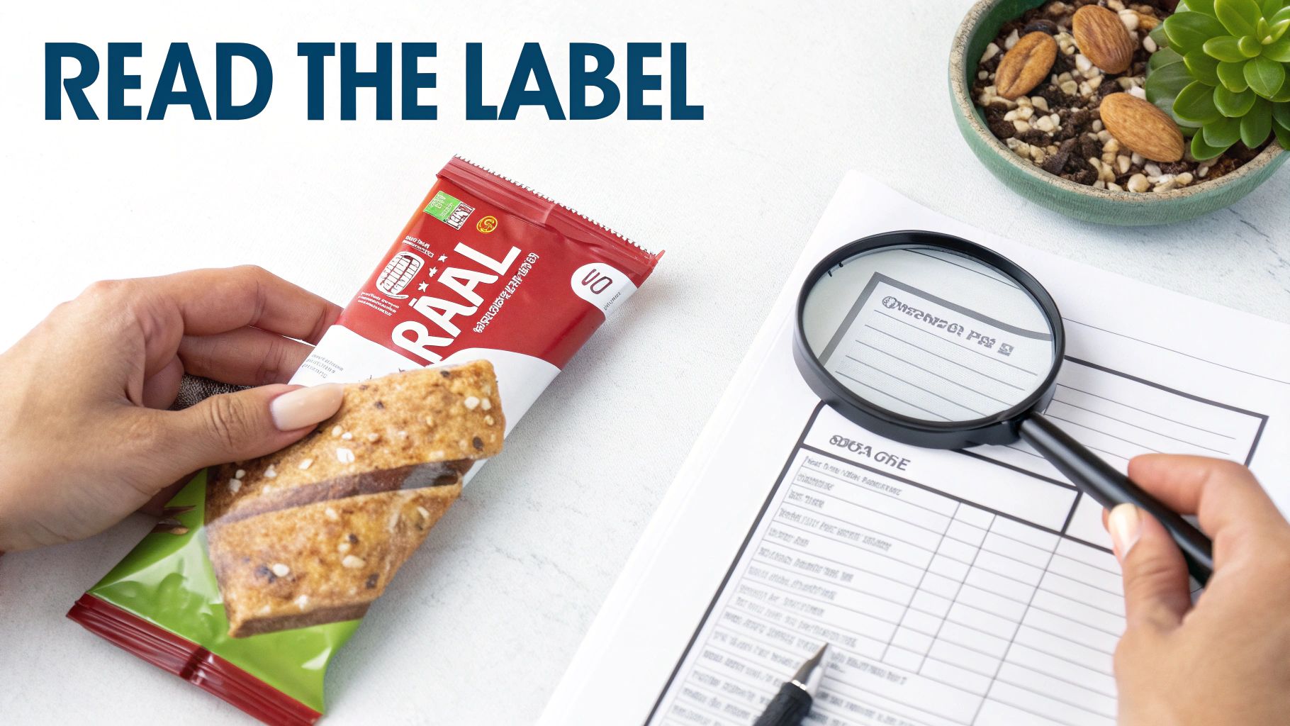 A person carefully reading the nutrition label on a protein bar