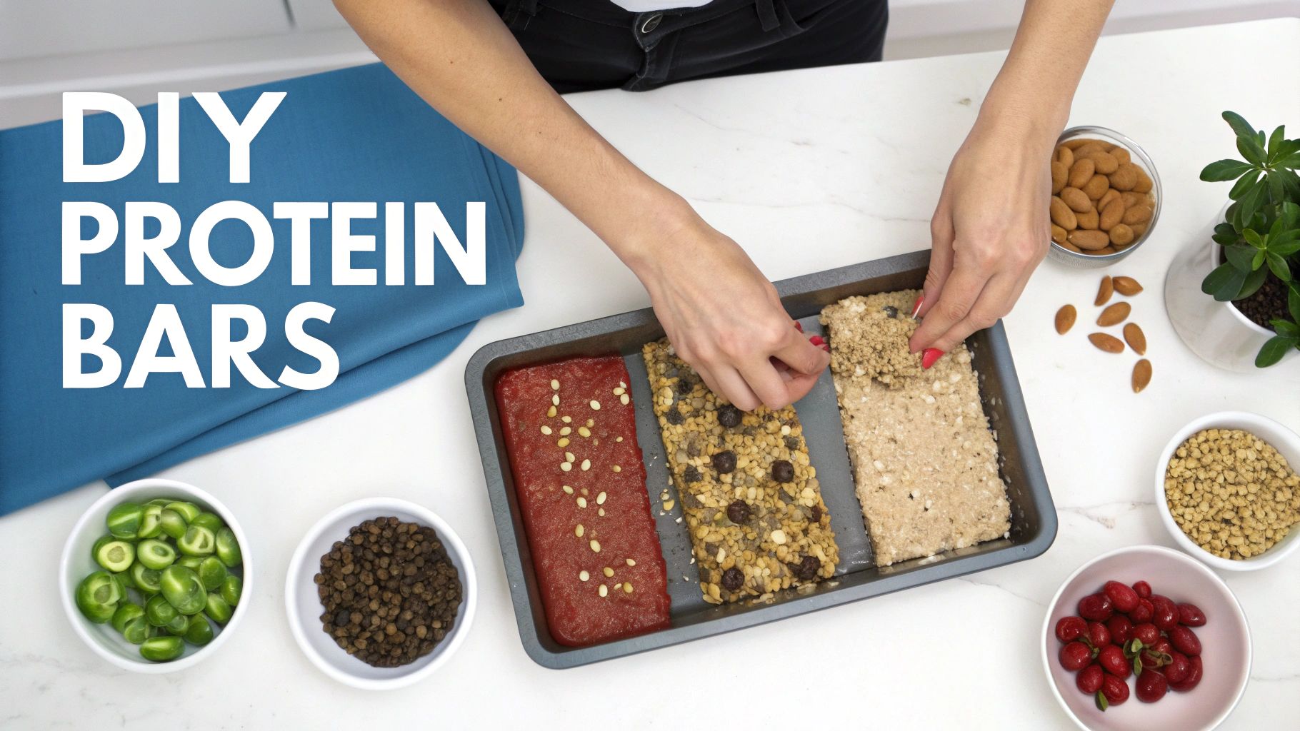 A close-up shot of homemade soy free protein bars being cut on a wooden board.