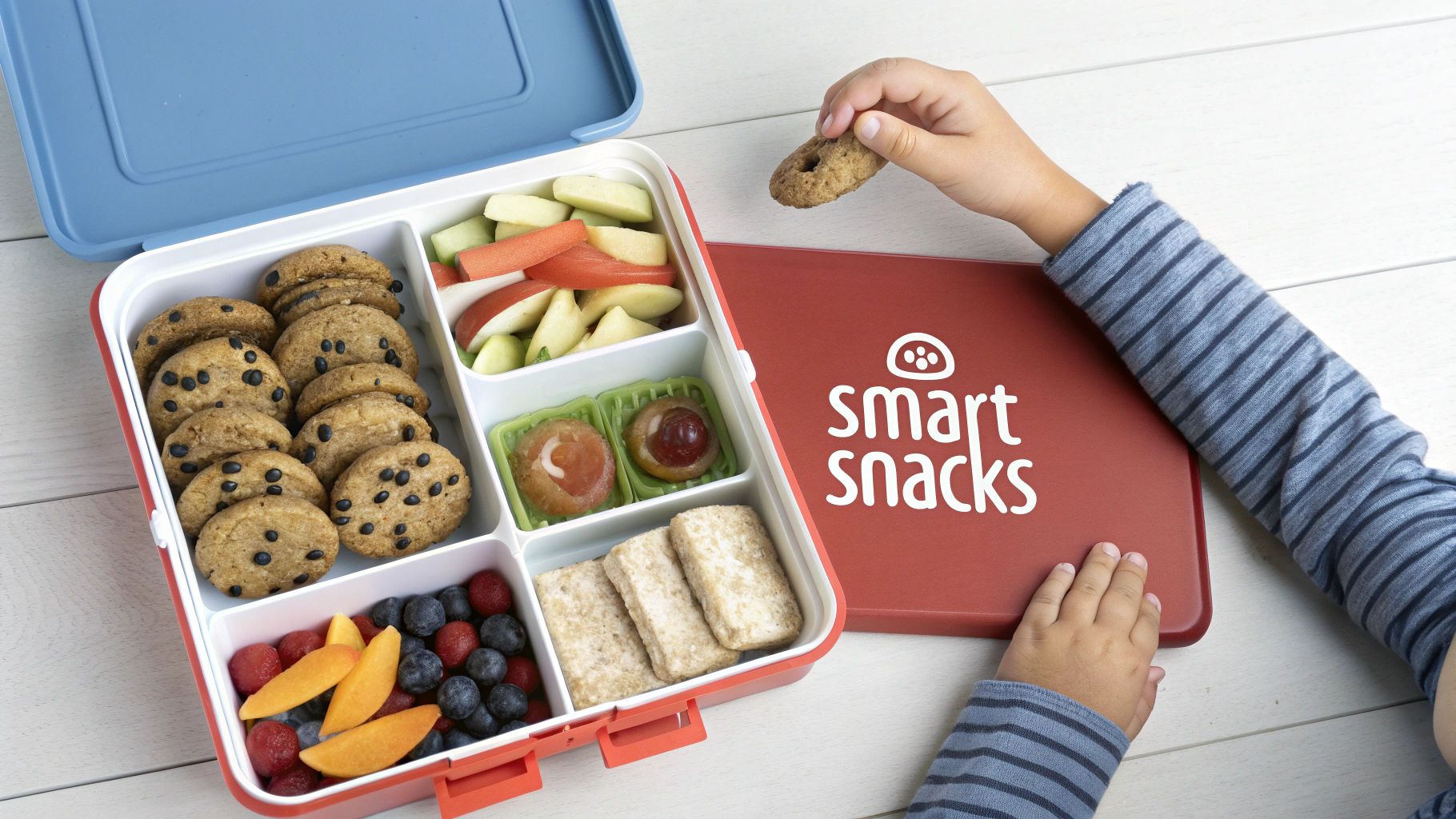 A child's hand holds a cookie from a vibrant bento lunchbox packed with a variety of nutritious snacks.