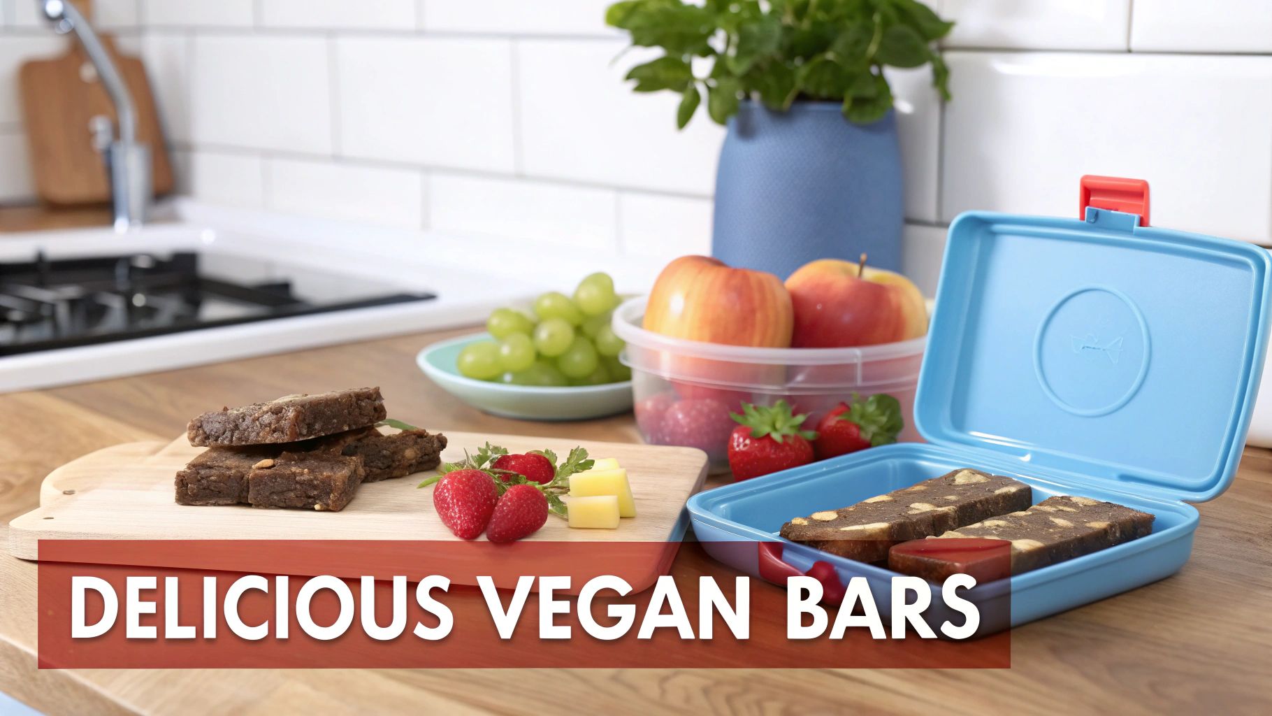 A hand holding up a colorful vegan protein bar with nuts and seeds, with a blurred background of a sunny kitchen.