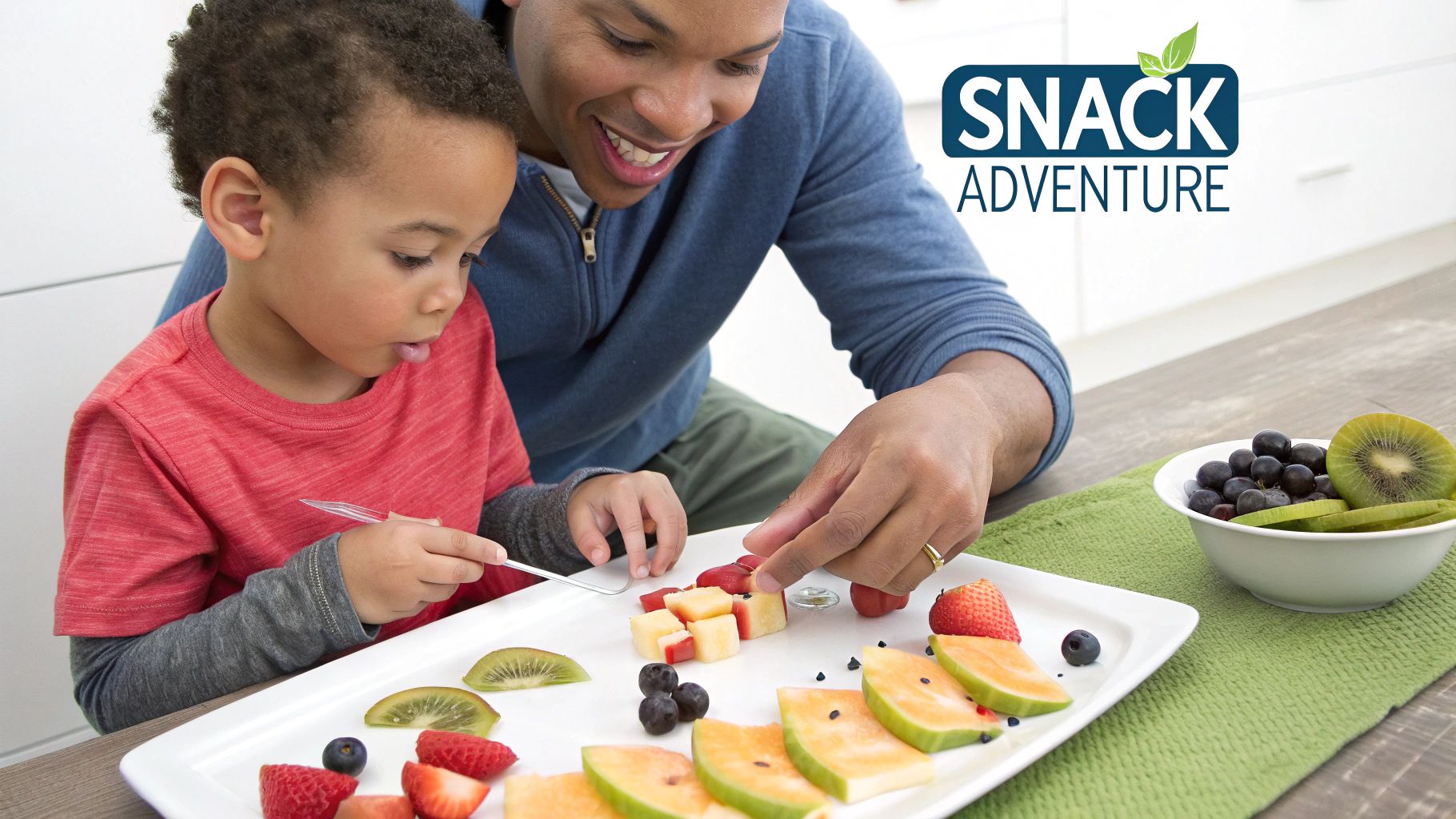 A man and a child smiling and arranging colorful fruit on a white tray, making healthy snacks.