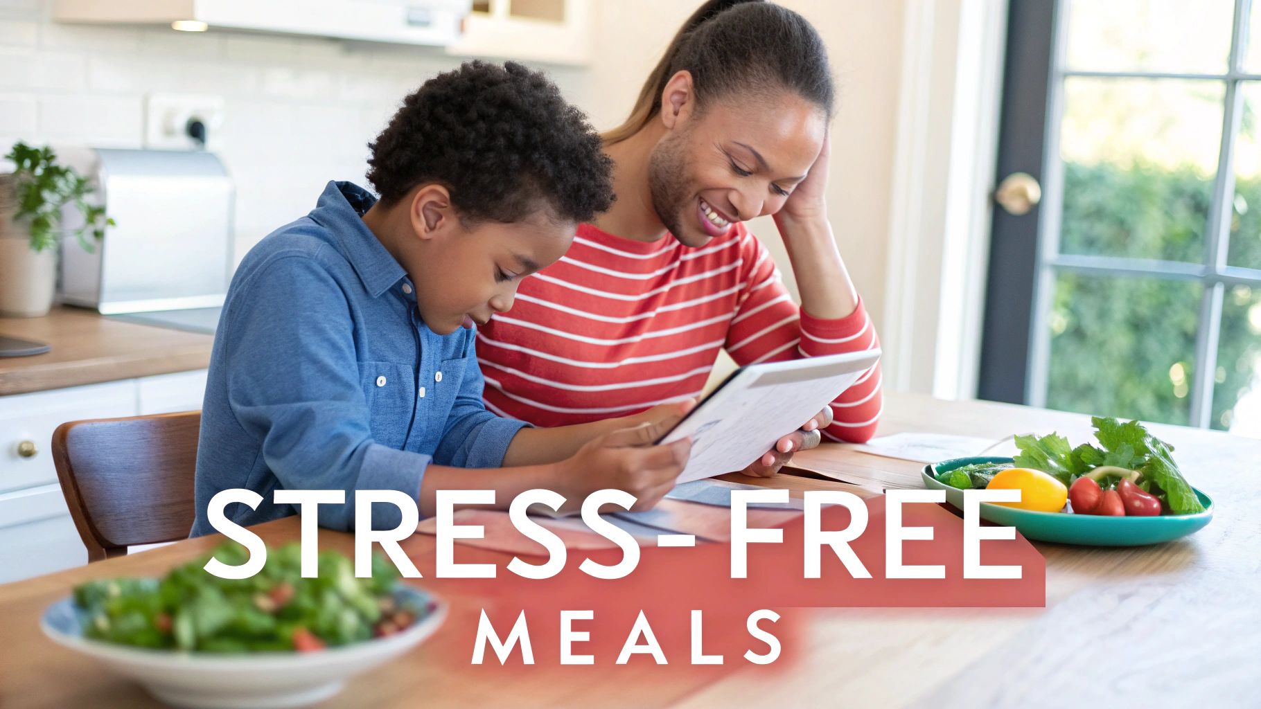 A smiling Black mother and son look at a tablet, planning stress-free meals with fresh ingredients.