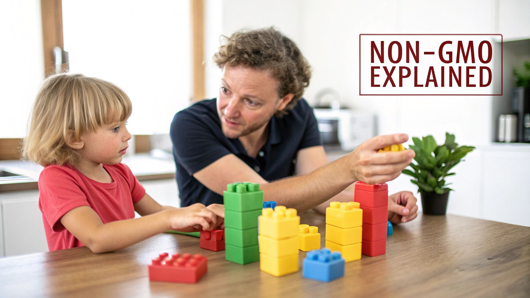 A father and child play with colorful building blocks on a wooden table, with text 'NON-GMO EXPLAINED'.