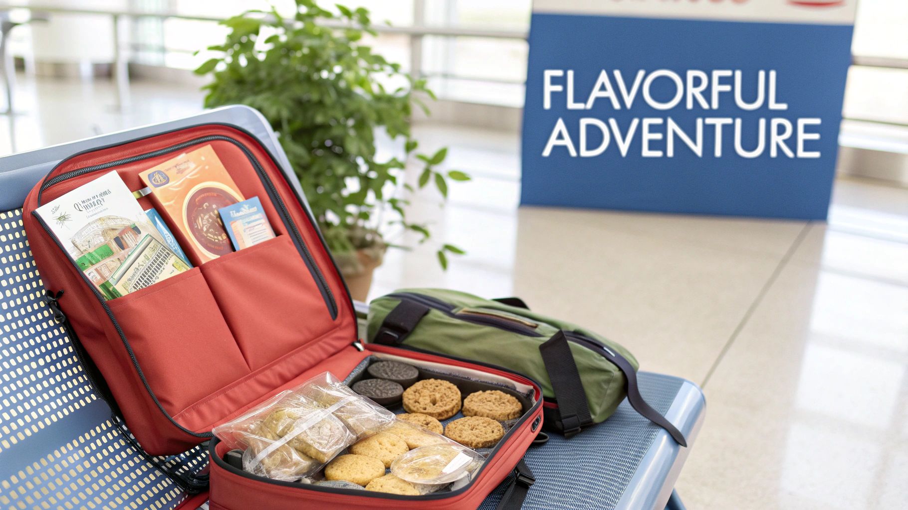 An open red travel bag filled with assorted snacks and travel guides on an airport bench.