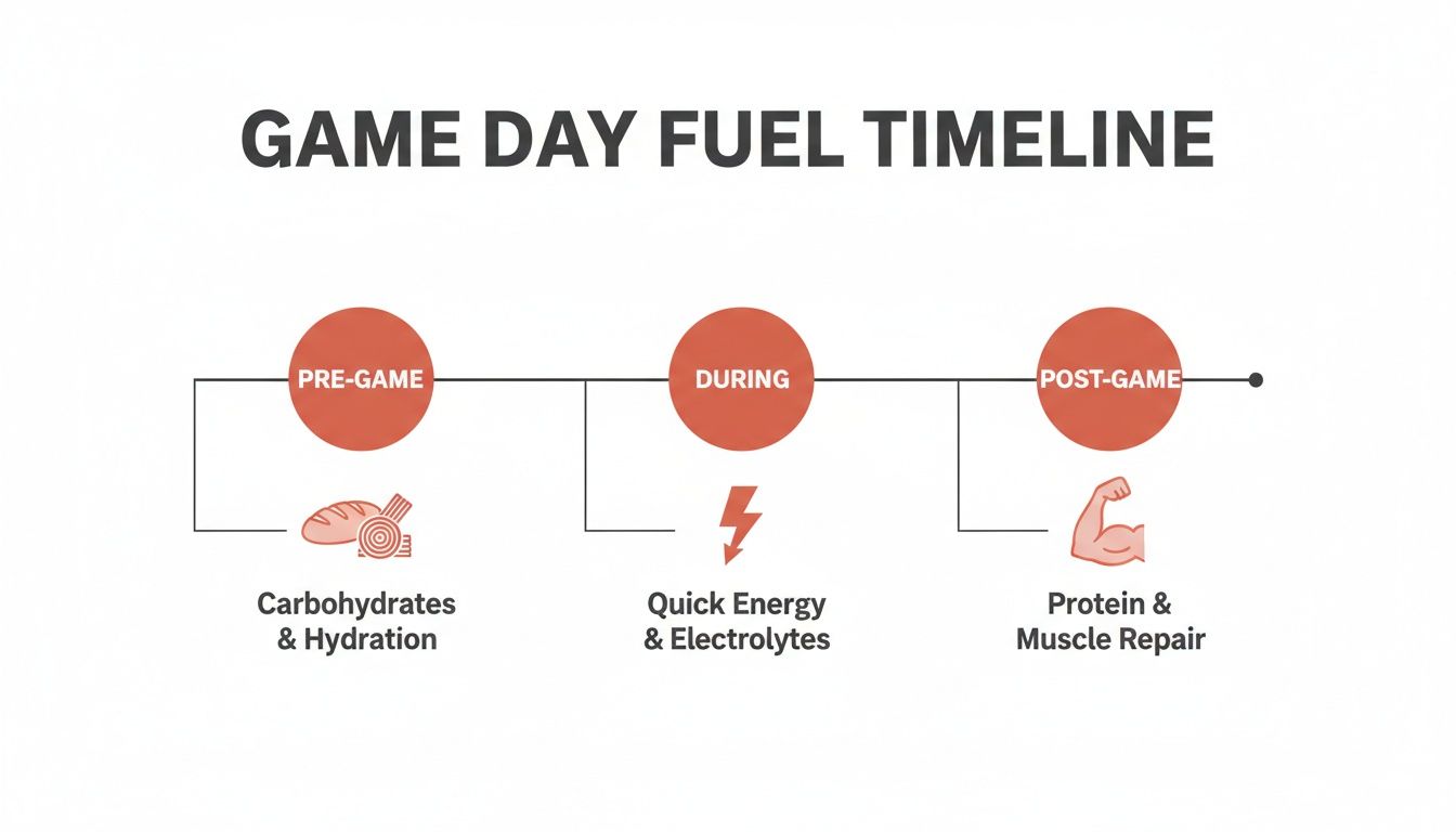 A game day fuel timeline infographic showing nutrition for pre-game, during, and post-game.