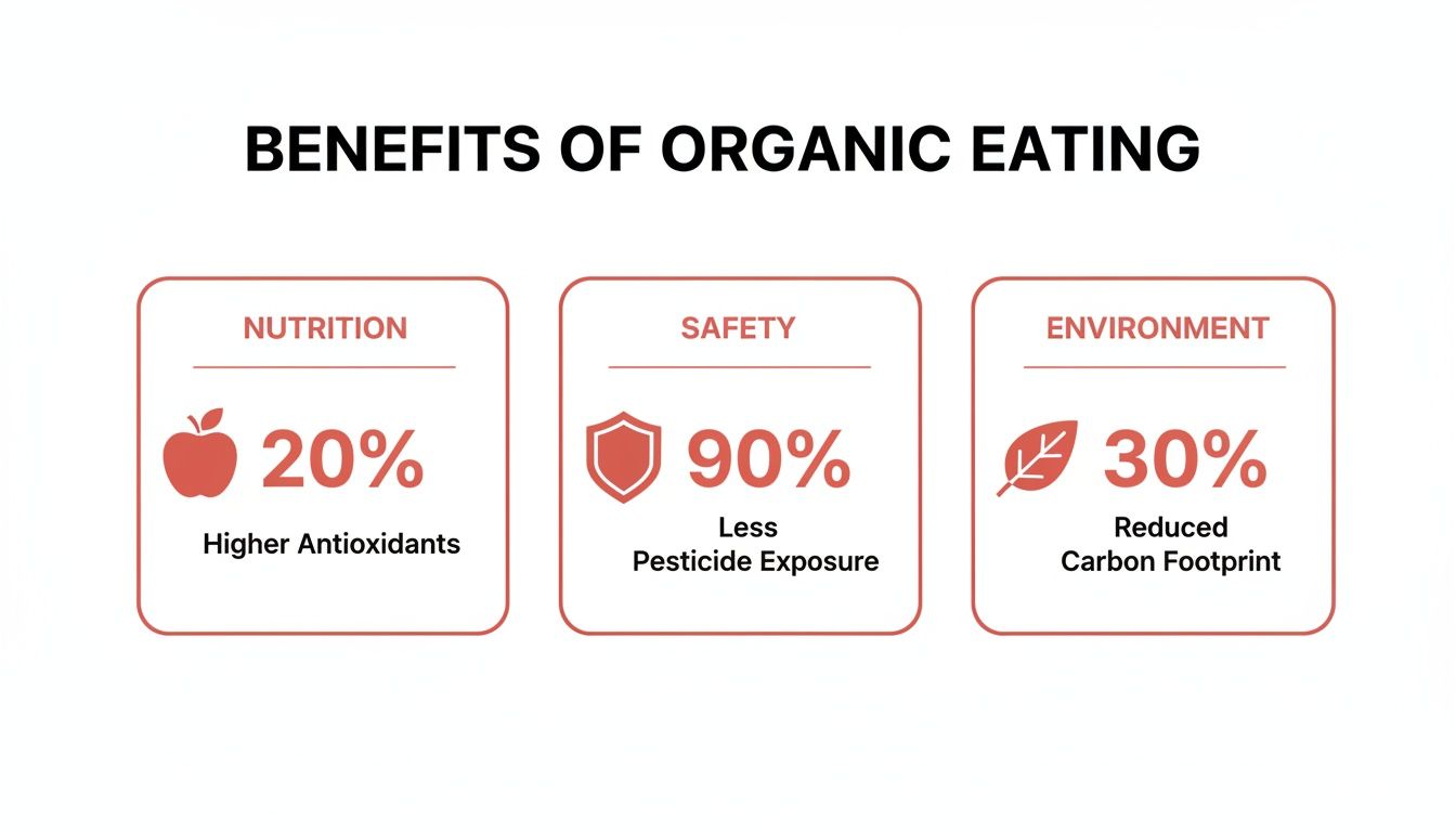 Infographic showing benefits of organic eating: 20% higher antioxidants, 90% less pesticide exposure, 30% reduced carbon footprint.