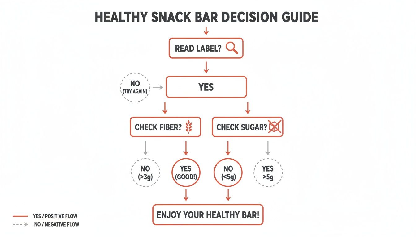 Flowchart guiding healthy snack bar selection based on reading the label for fiber and sugar content.
