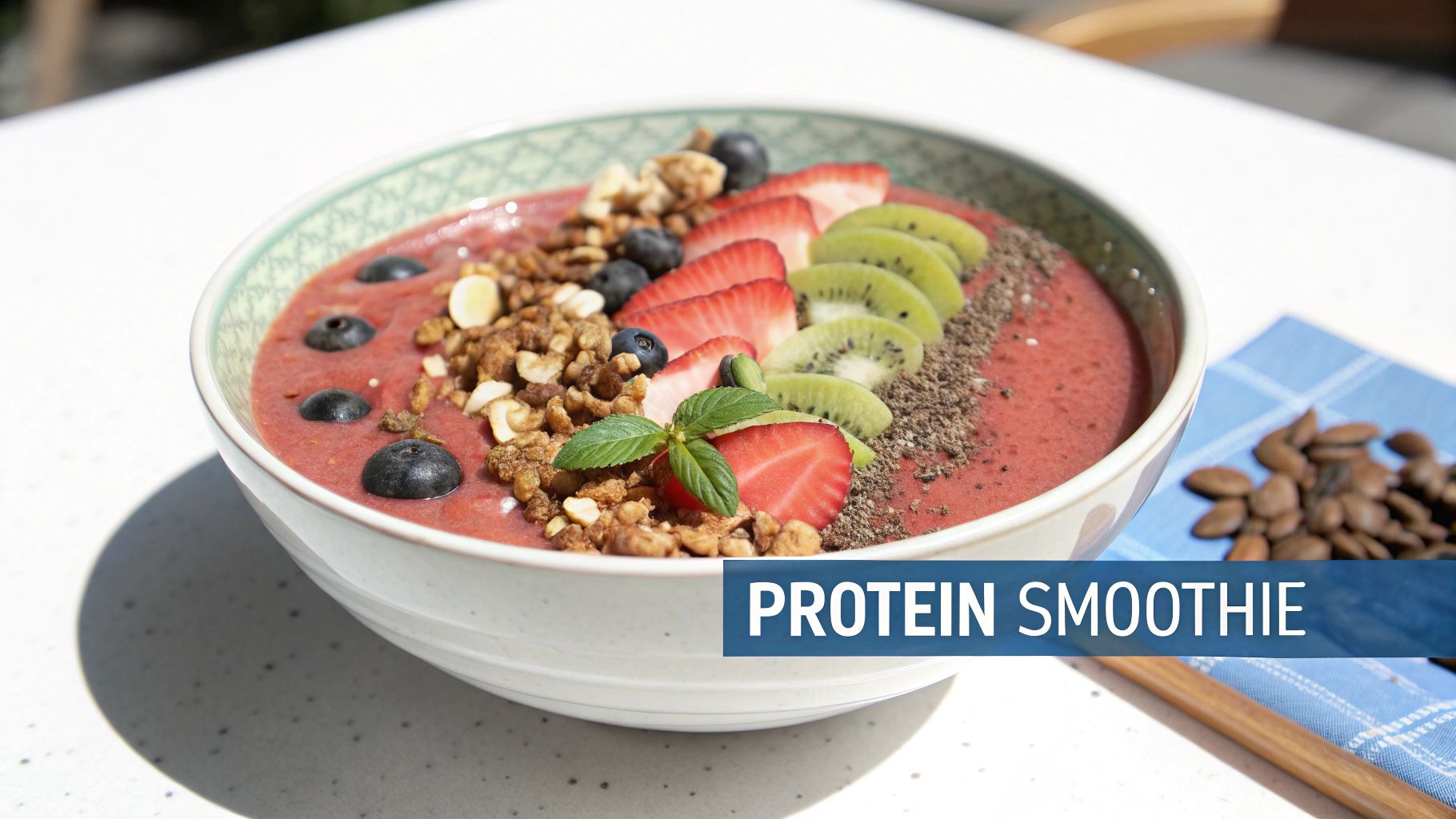 A colorful protein smoothie bowl filled with strawberries, kiwi, blueberries, granola, and nuts on a white table.