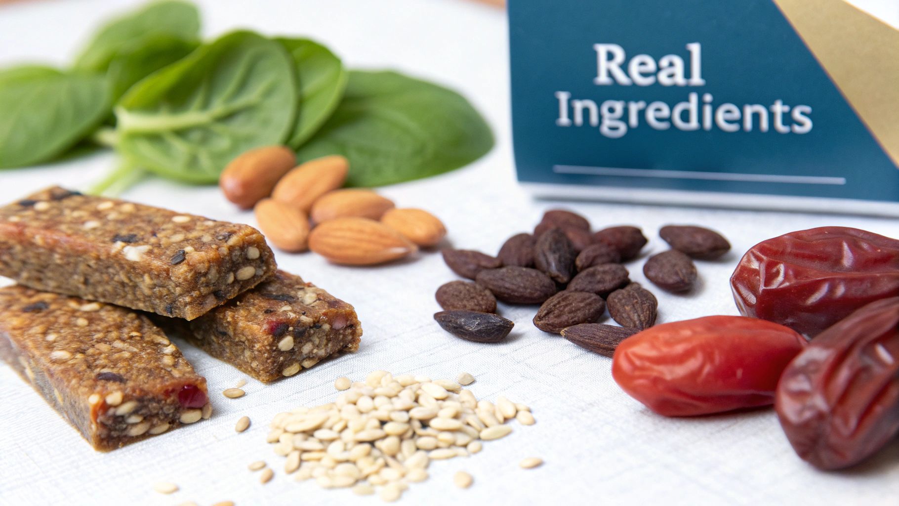 A person closely reading the ingredients list on a snack bar package