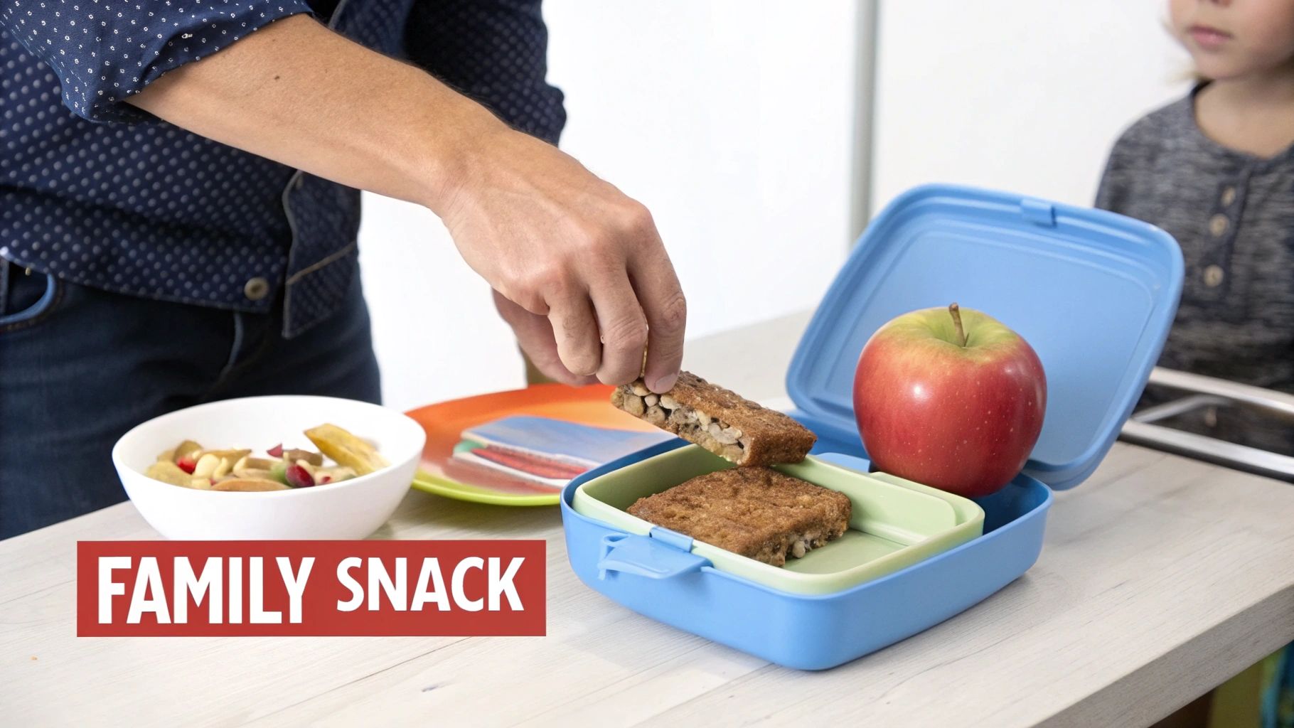A child happily eating a healthy snack bar outdoors