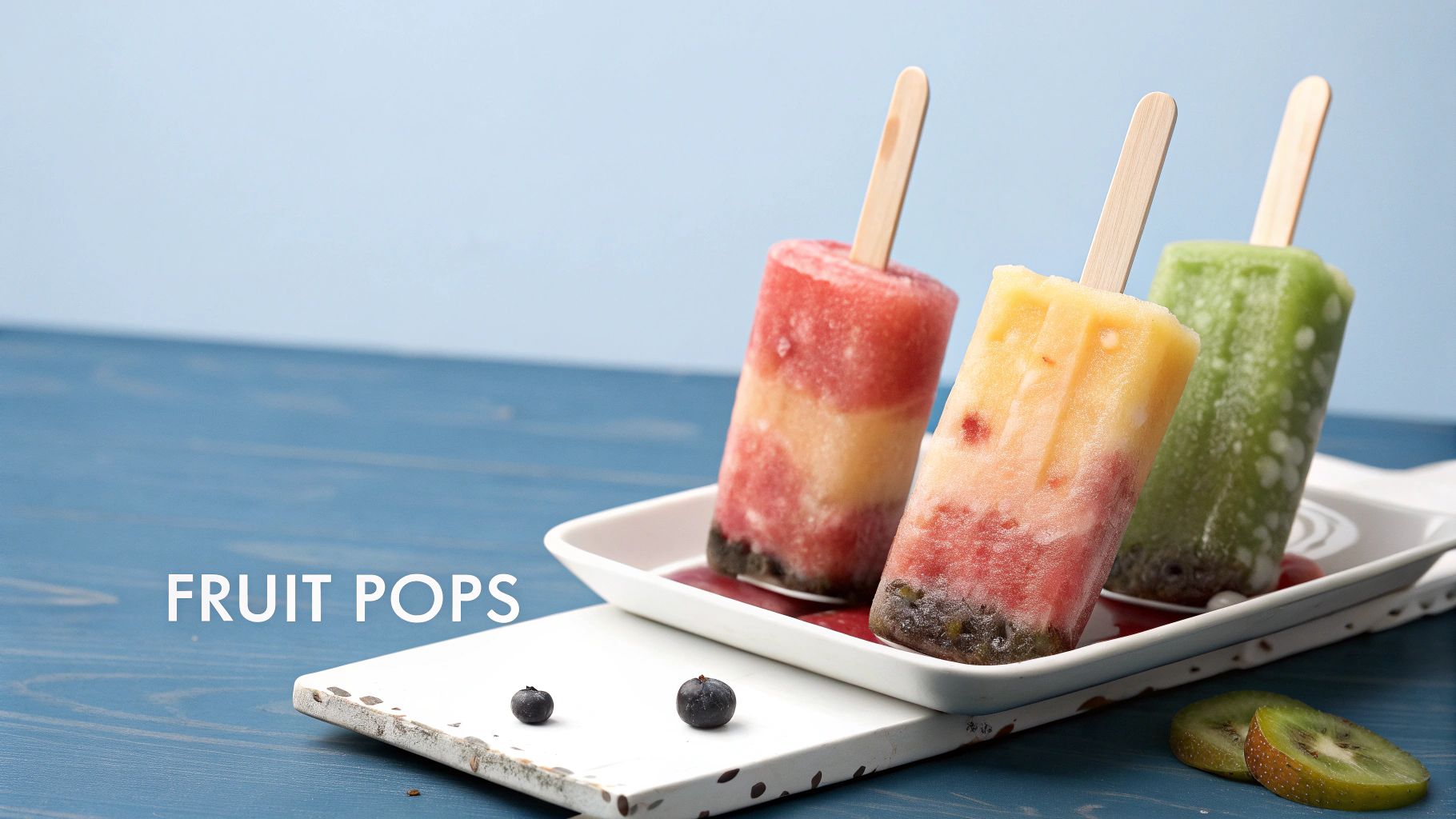 Colorful homemade fruit popsicles with wooden sticks on white plate by ocean view
