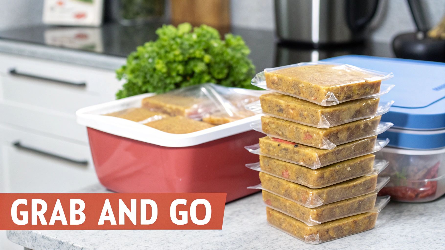 Stack of meal prepped vegan pumpkin bars wrapped in plastic on kitchen counter ready to grab and go