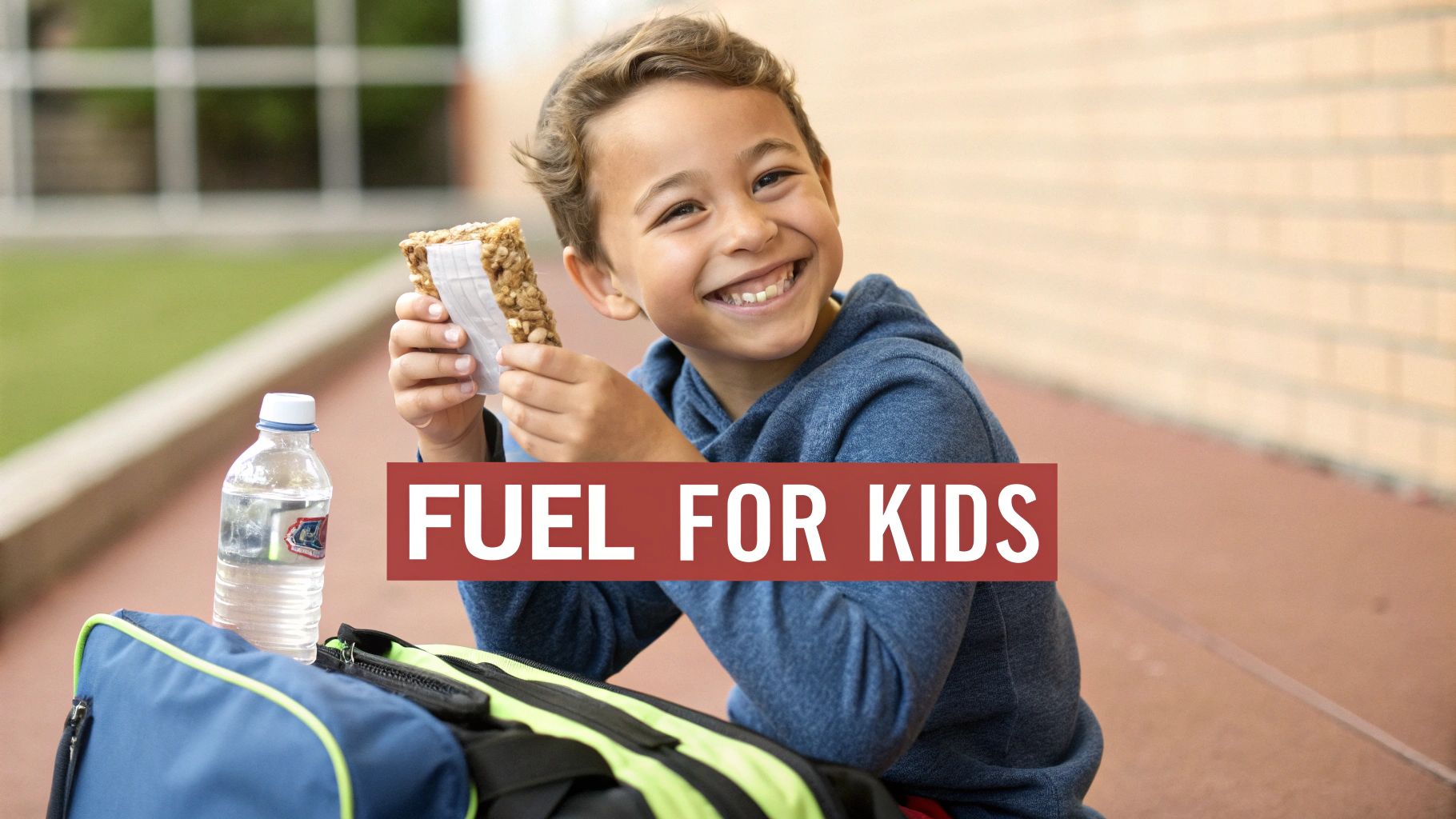 Smiling boy holding a snack bar next to a water bottle and backpack outdoors, 'Fuel for Kids'.