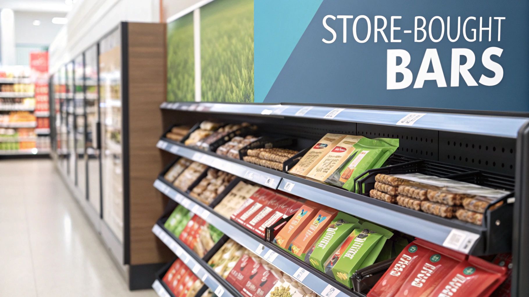 A hand selecting a snack bar from a shelf with many different colorful options.