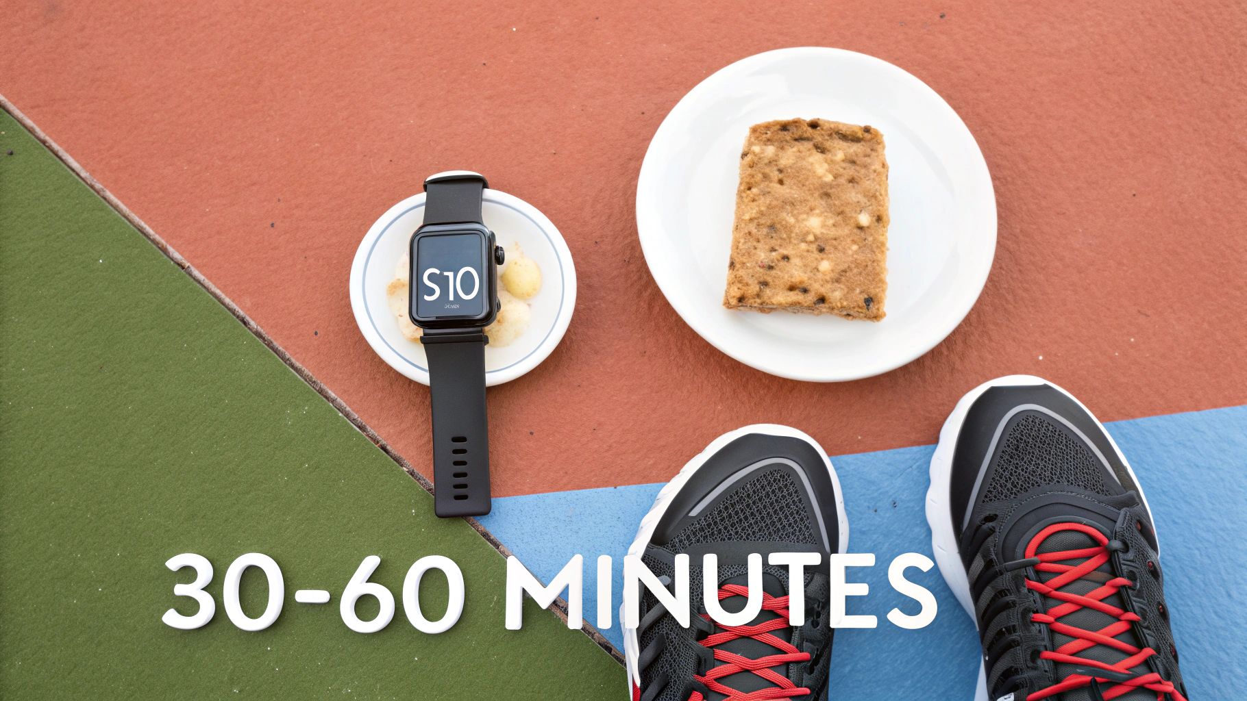 Flat lay showing a smartwatch, protein bar on a plate, and running shoes, set against a colorful background.