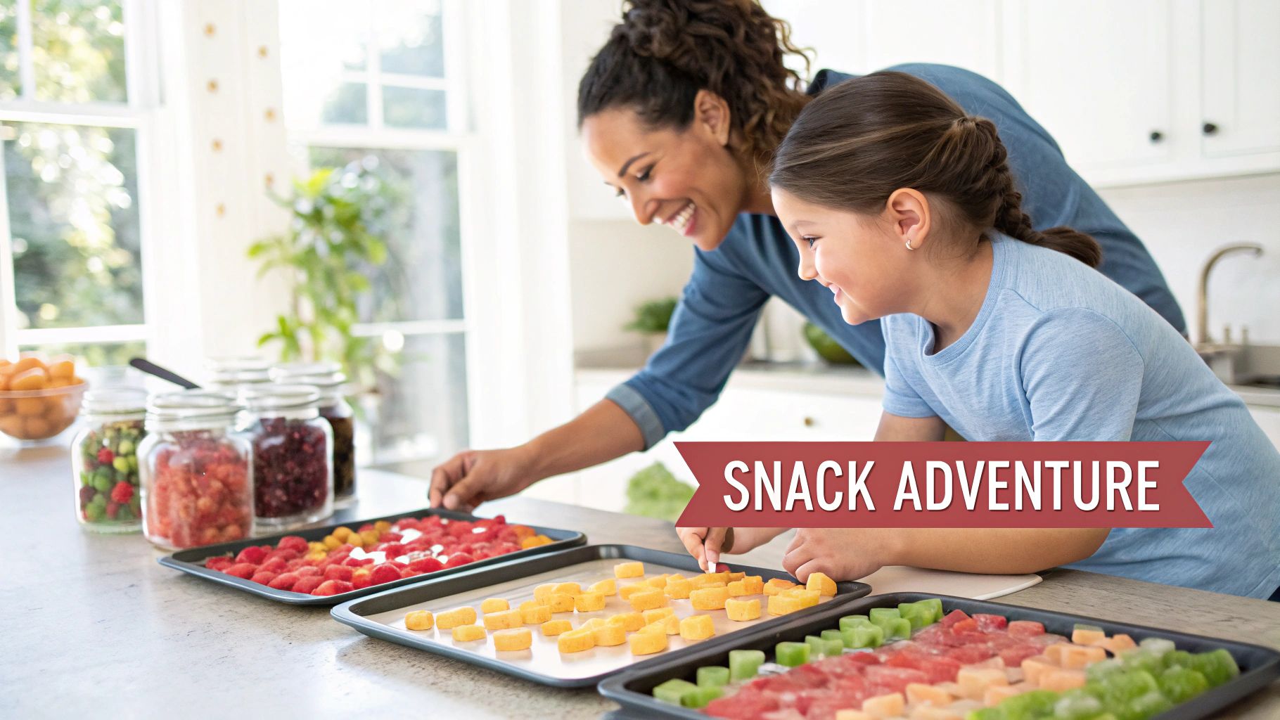 A smiling woman and child arrange colorful chopped fruits on baking sheets in a sunny kitchen.