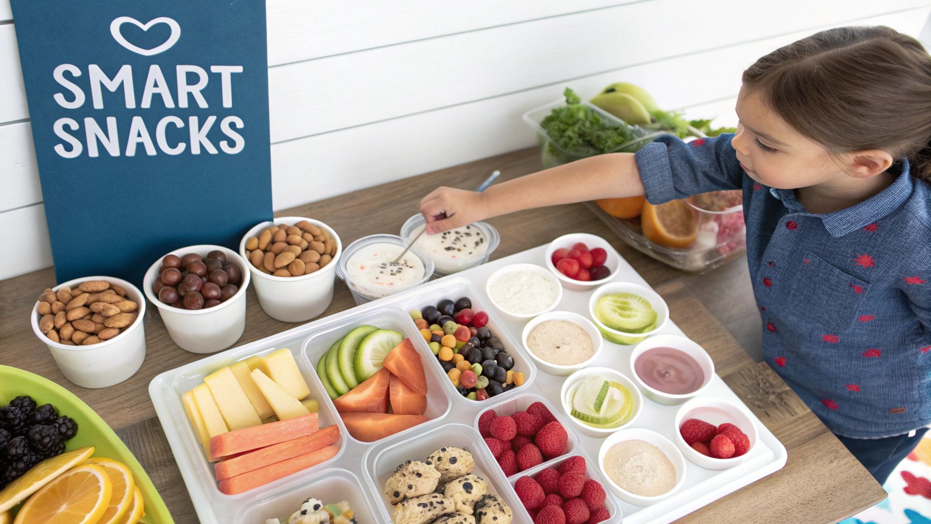A child happily eating a healthy snack bar outdoors