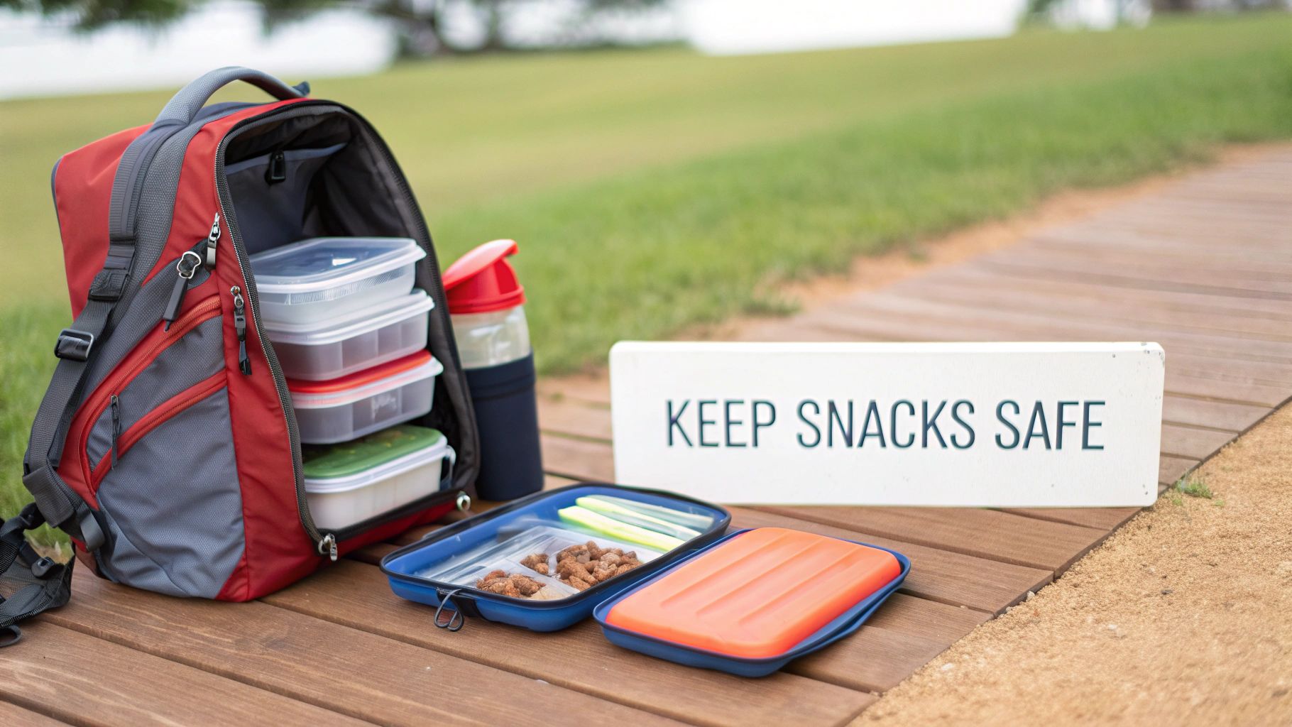 A backpack and various snack containers on a wooden path, with a 'KEEP SNACKS SAFE' sign.