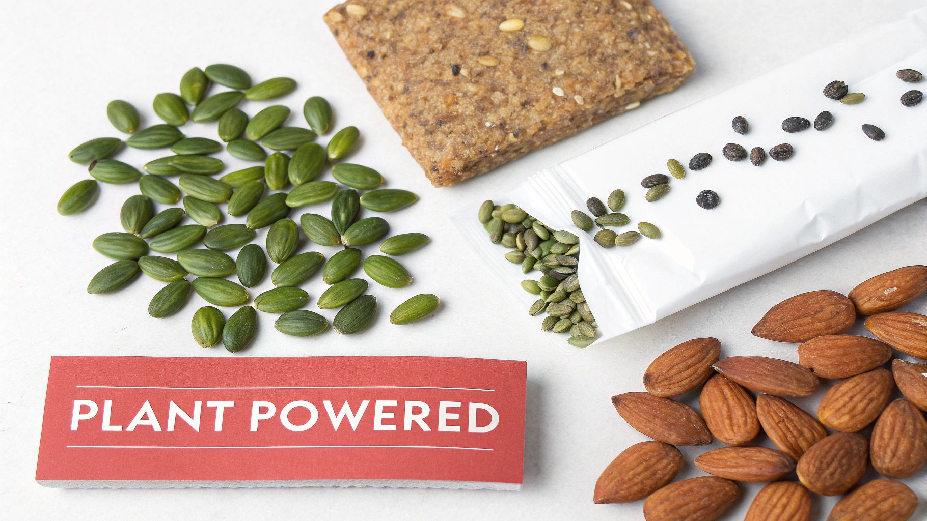A close-up of a plant-based clean protein bar with visible nuts and seeds.