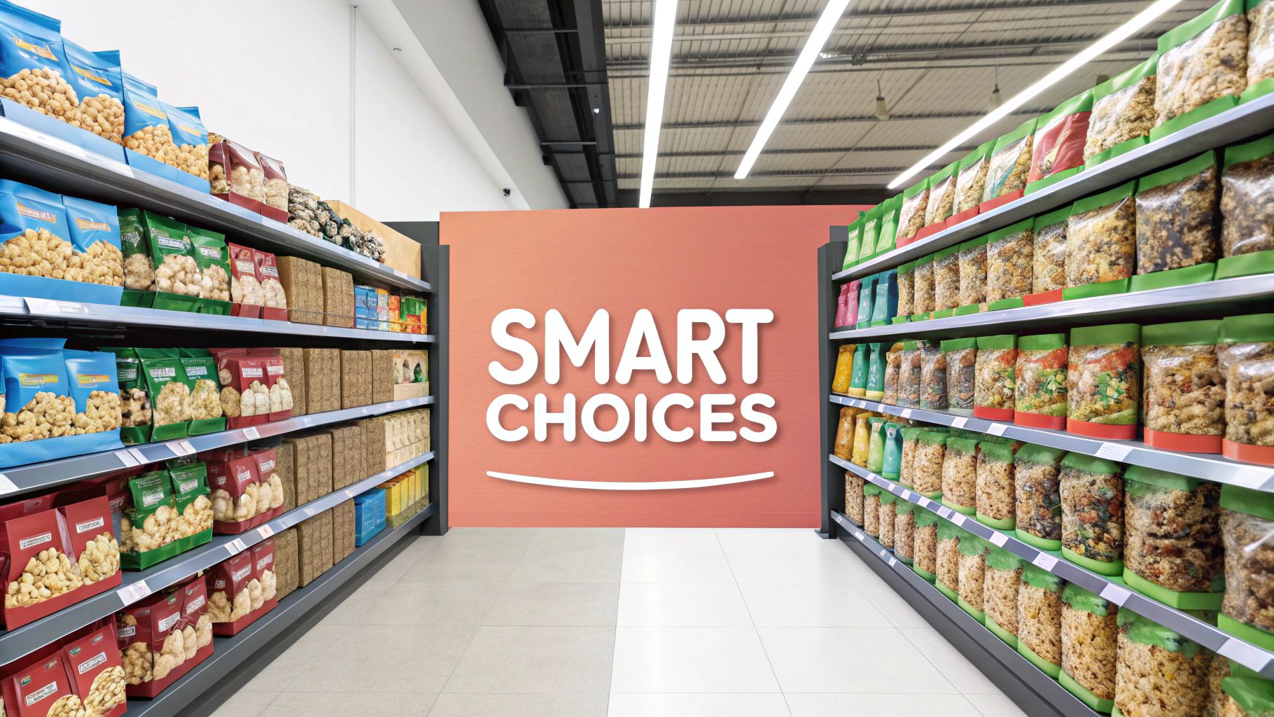 A parent and child looking at snacks in a grocery store aisle