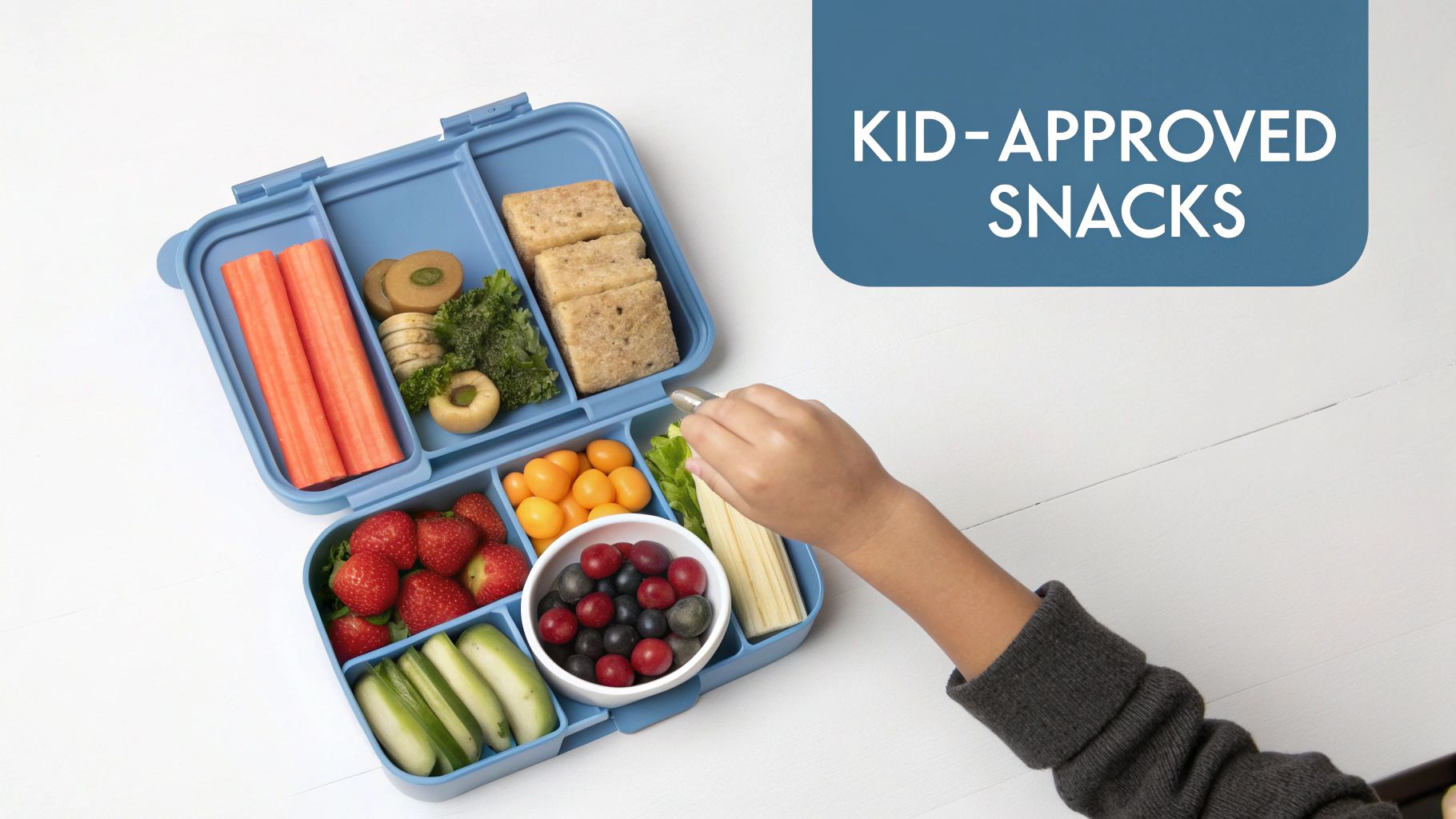 A happy child enjoying an organic snack bar in a bright, sunlit kitchen.