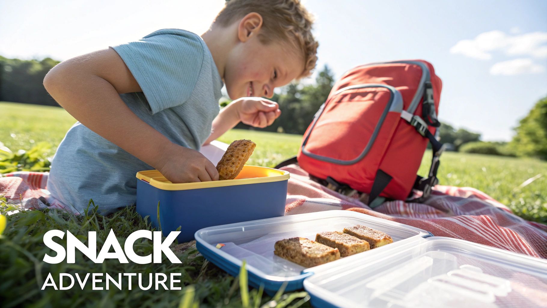 A smiling boy enjoys a snack bar from his blue lunchbox on a picnic blanket outdoors.
