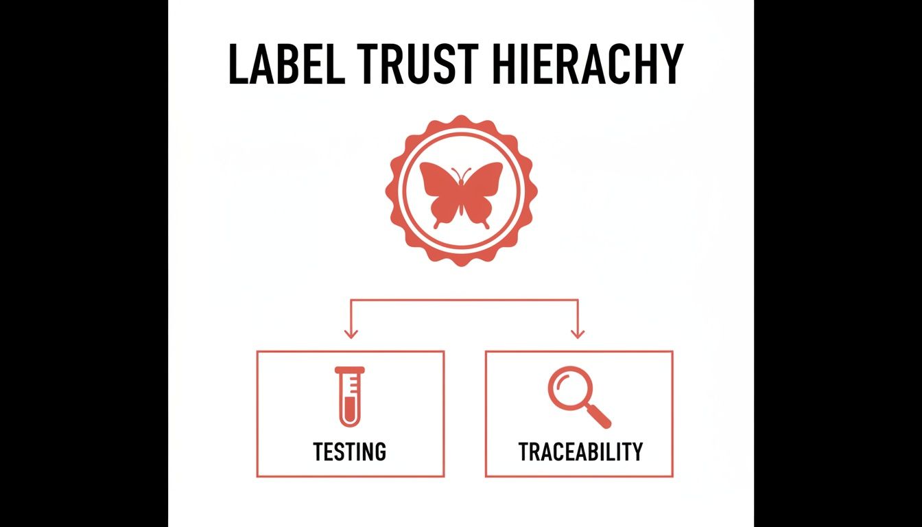 A hierarchy diagram illustrating label trust, originating from a butterfly icon, branching into testing and traceability.