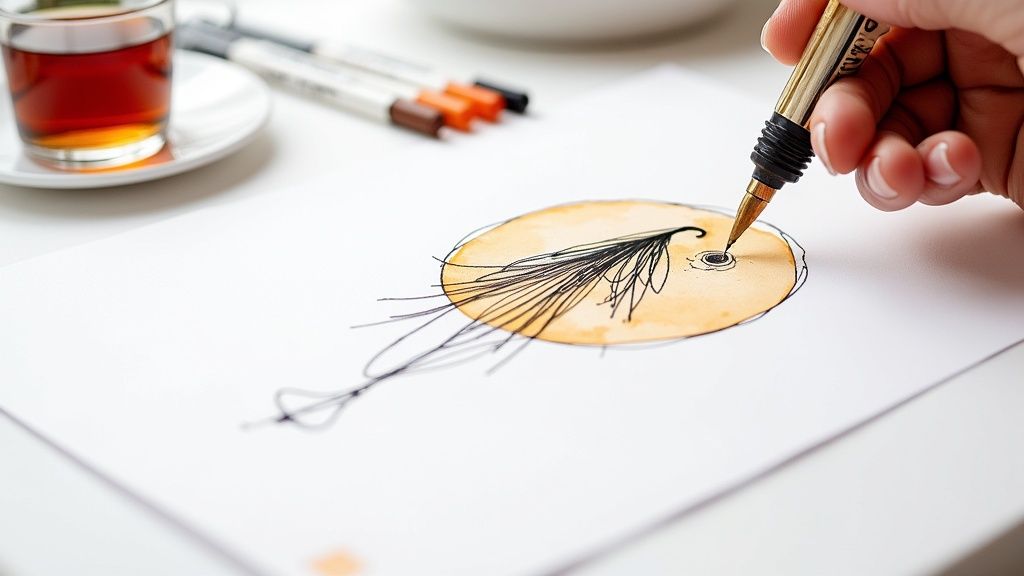 Une personne dessine une illustration à l'aquarelle avec un stylo sur du papier, une tasse de thé à côté.