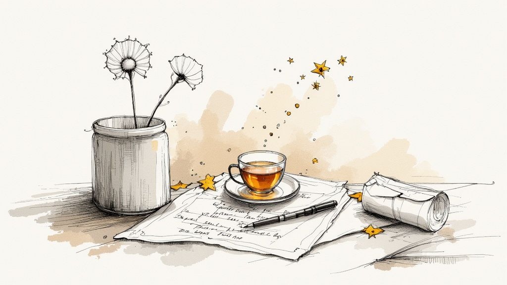 Nature morte artistique avec tasse de thé, journal intime, stylo et fleurs séchées sur table