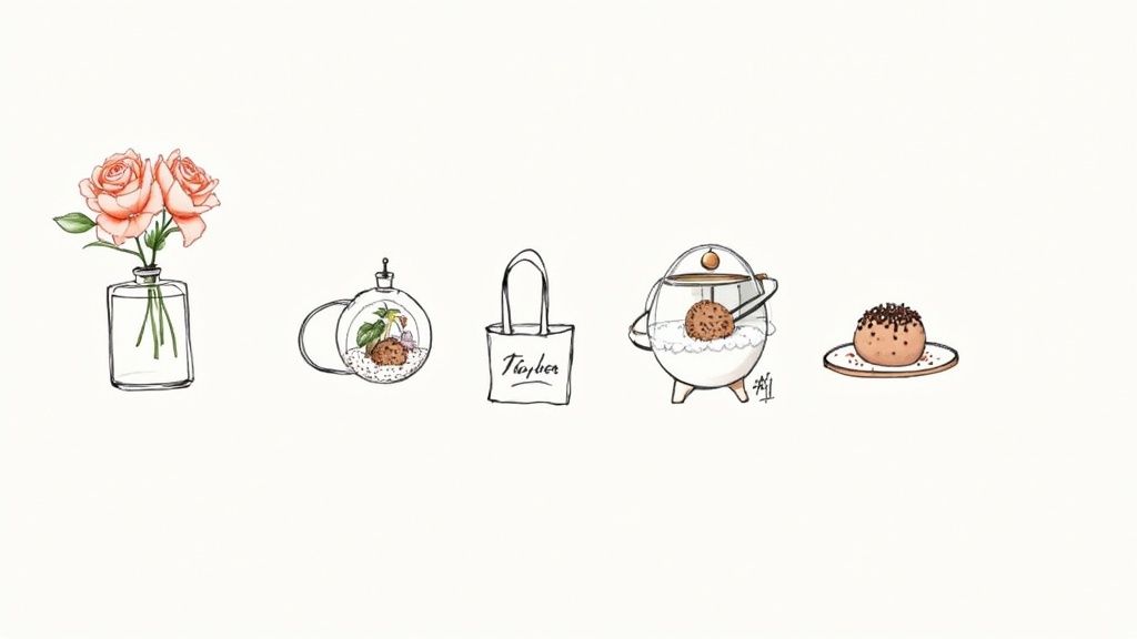 Illustration d'objets décoratifs faits main incluant roses en vase, terrarium, sac totebag, théière et gâteau artisanal